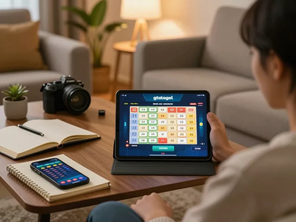 Engaging home scene with a player analyzing gtatogel predictions on a tablet, promoting responsible gaming.