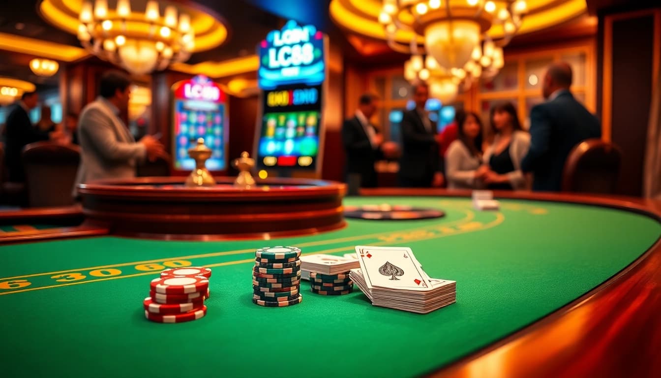 LC88 casino scene showcasing colorful poker chips and an elegant roulette wheel.