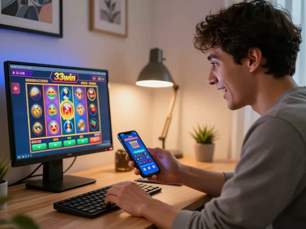 Player engaged with the 33win mobile app for slot games in a modern home office setting