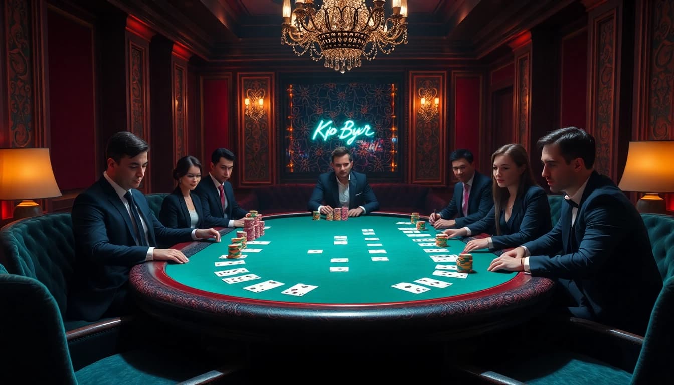 kp88 vip players engaging in a high-stakes poker game with vibrant chips and elegant decor.