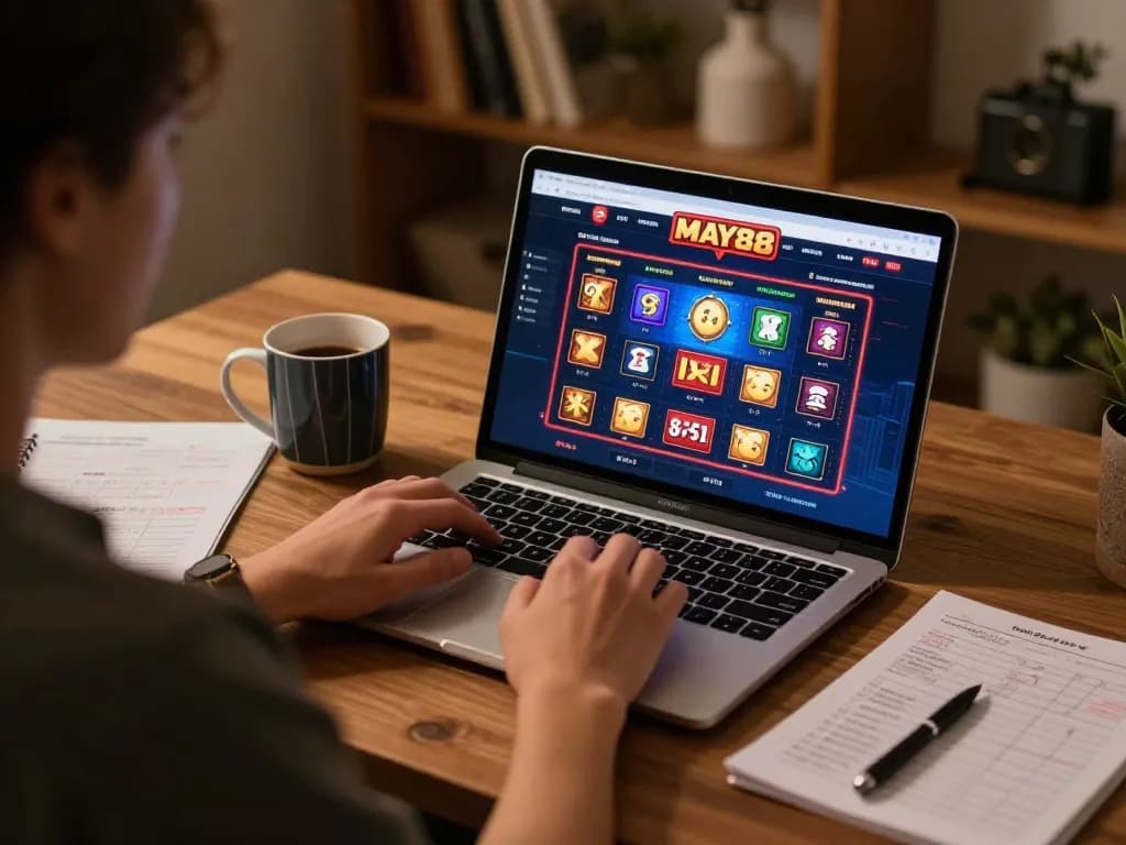 MAY88 online gaming night featuring a focused player at a stylish desk, laptop displaying casino games.