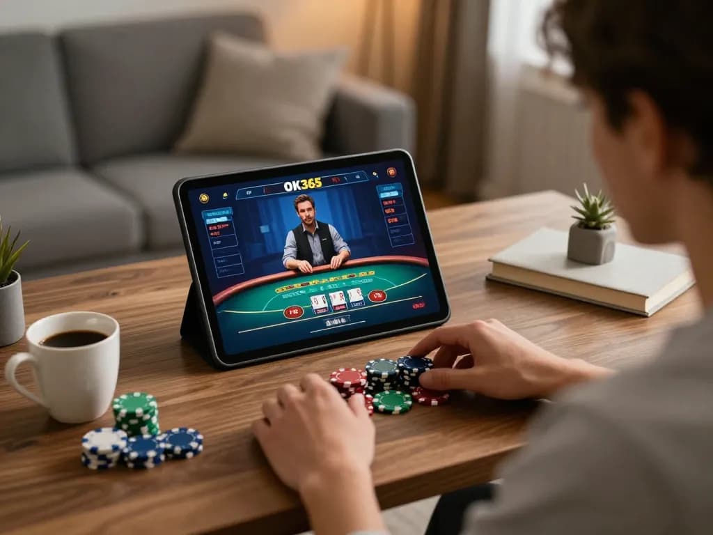 Engaged player enjoying a live dealer blackjack game on OK365, showcasing strategic online gambling.