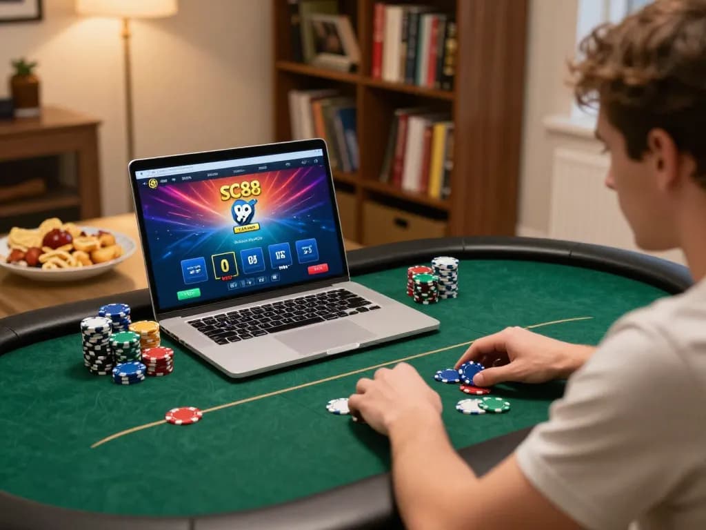Engaging home online poker gameplay on laptop with SC88 strategy notes visible.