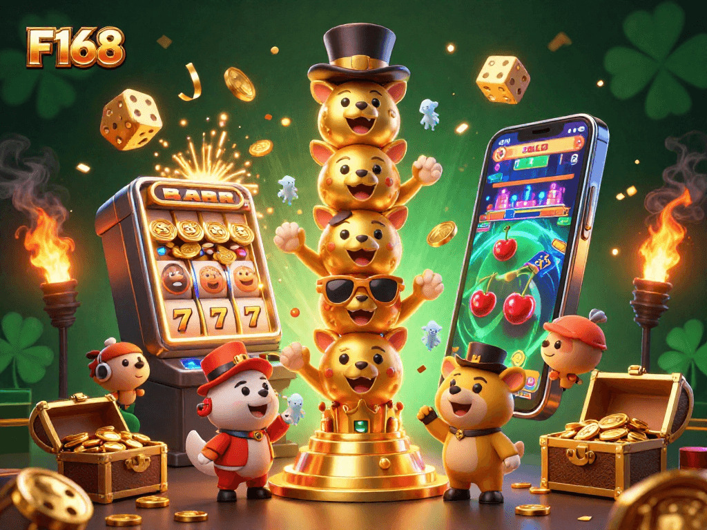 Spin and win at F168 with vibrant casino elements bursting with excitement and gold!