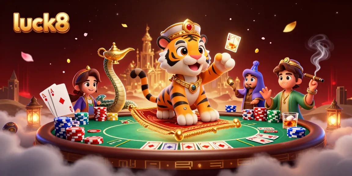 Experience luck8 magic with a 3D sultan, genie, and poker elements in a dazzling casino setting.