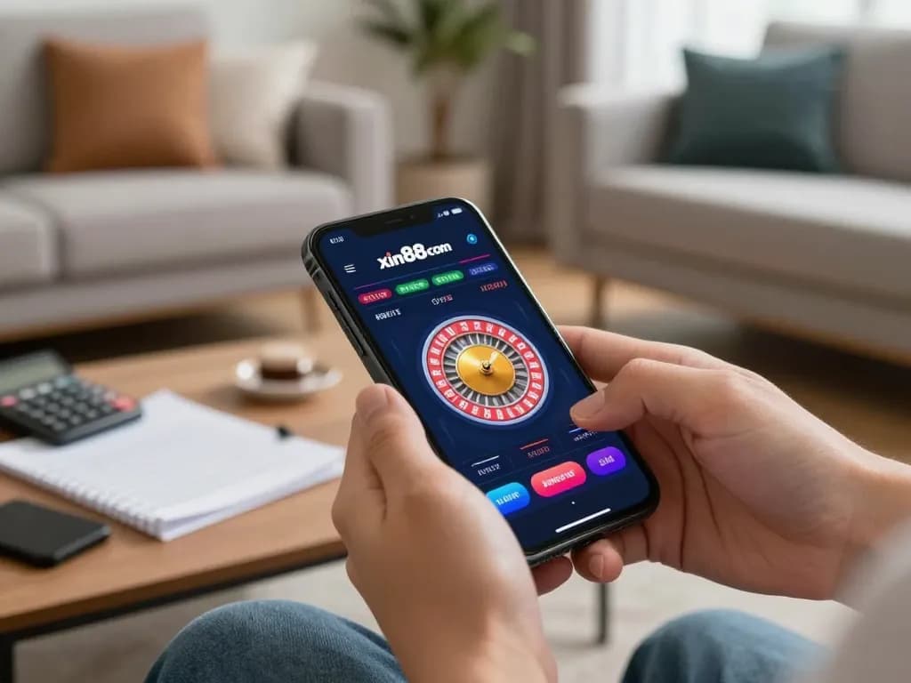 Player engaging with xin88 com mobile app, excitement of roulette action in a cozy home setting