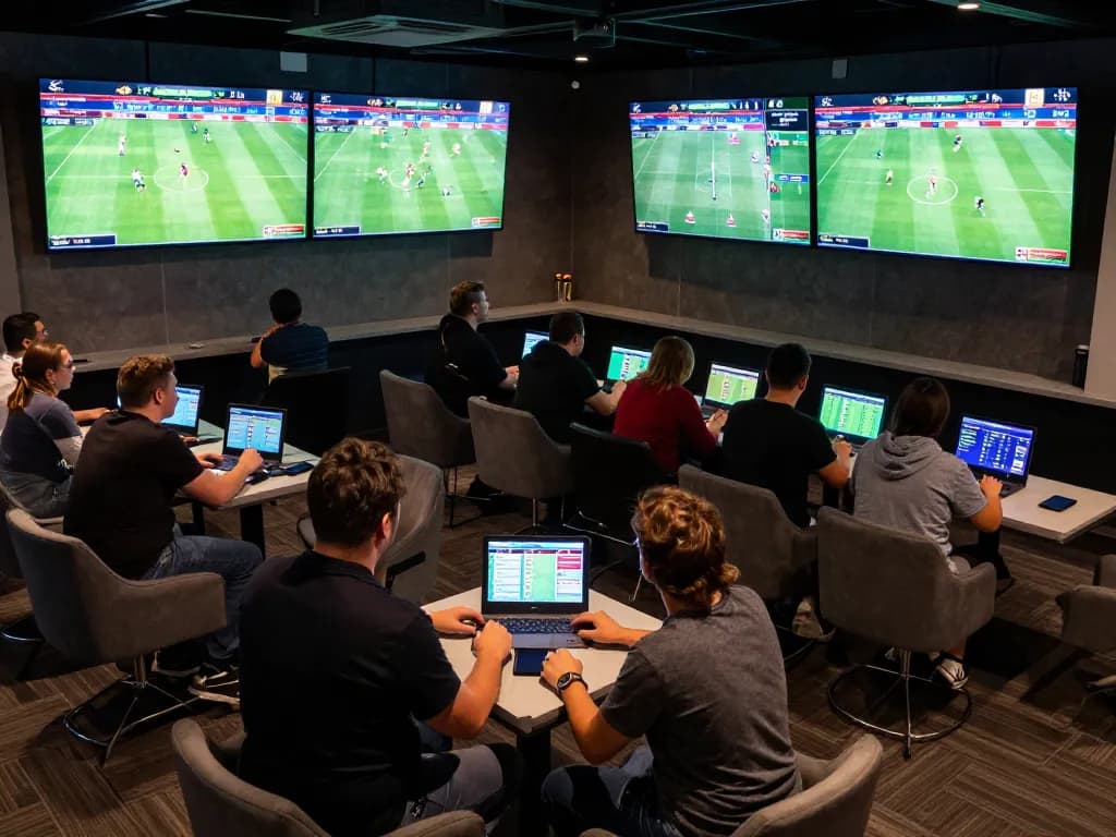 Nohu90 sports betting lounge with bettors engaged on mobile devices during live game.