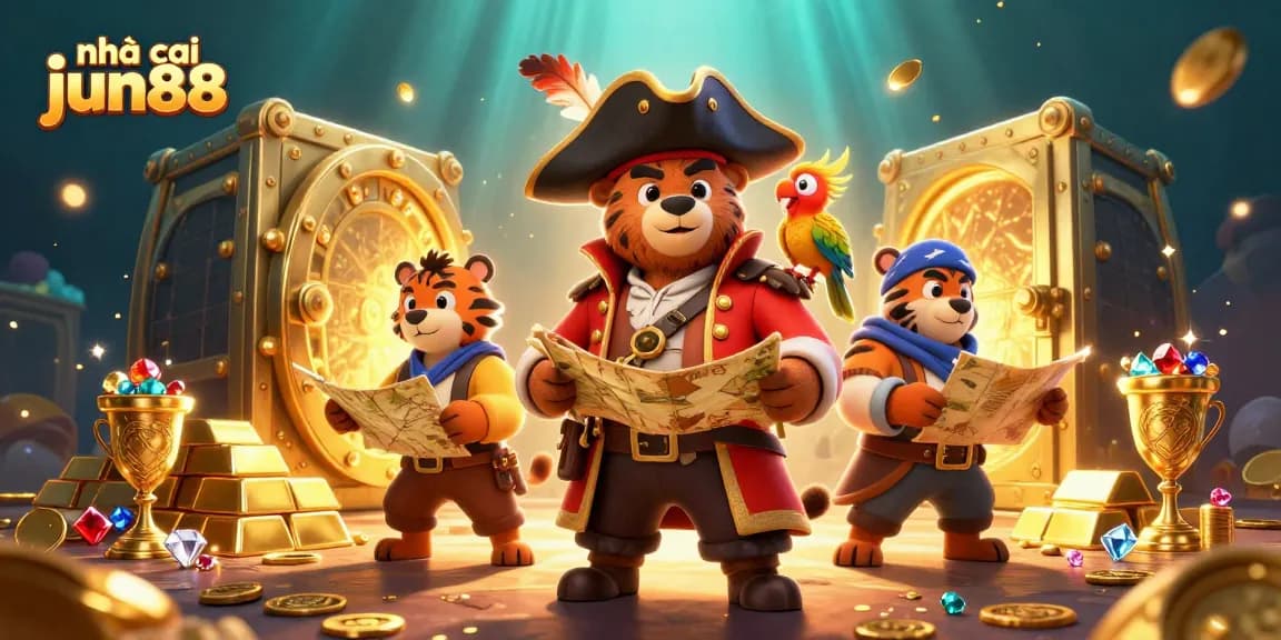 Join the excitement at nhà cái jun88 with vibrant gambling elements and treasure-themed characters.