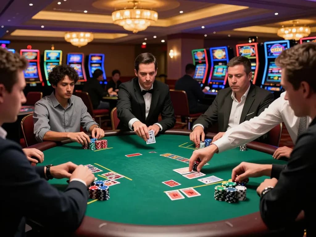Players at hitclub blackjack table exhibit strategic gameplay in an upscale casino environment.