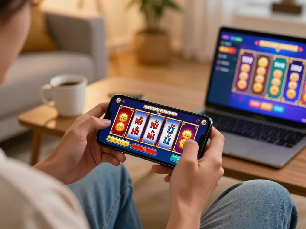 Nổ hũ gameplay on a smartphone, showing exciting slot reels aligning in a cozy home setting.