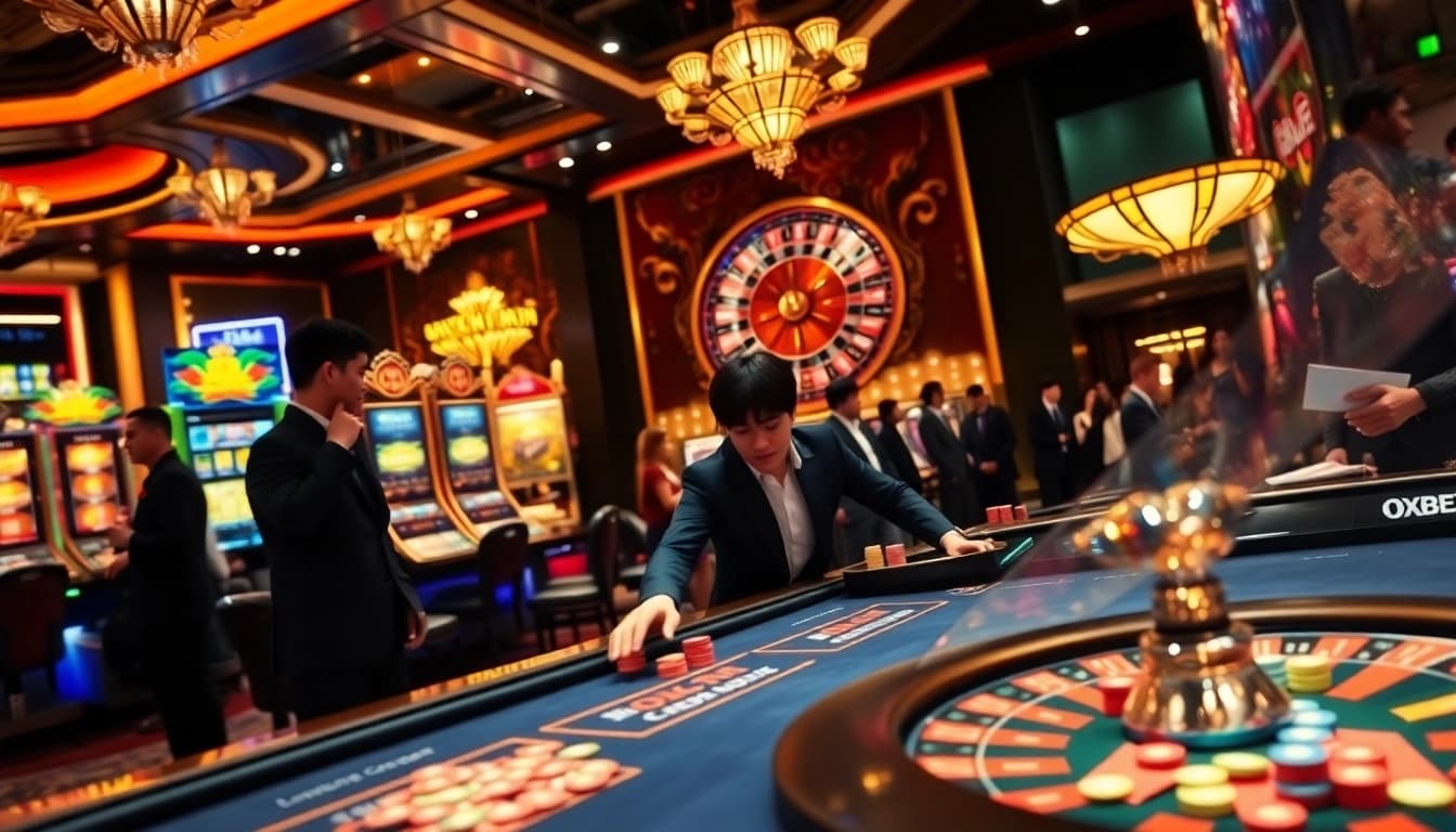 Experience the excitement of betting at the Trang chủ OXBET casino, featuring vibrant gaming tables and poker chips.