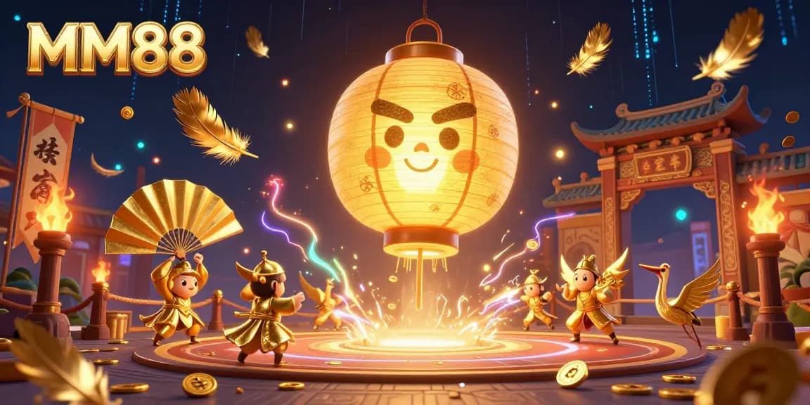 Experience MM88's dynamic gaming scene with vibrant characters and gold tokens flying amidst luck symbols.