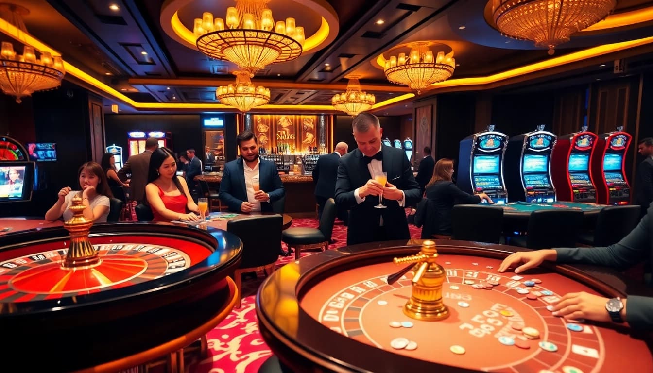 Gamble with MV88 at an exciting casino scene featuring poker tables and slot machines.
