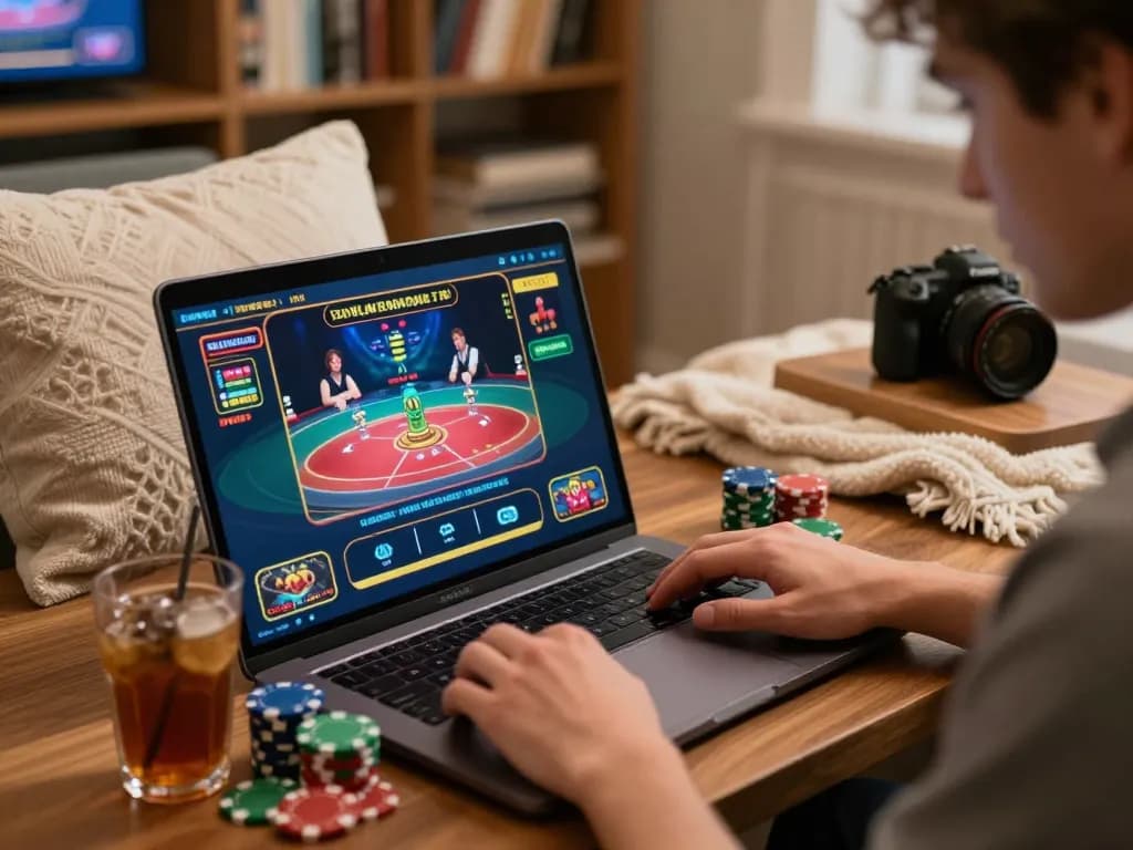 Player engaging in live dealer game on laptop, showcasing TX88 thrilling online casino experience