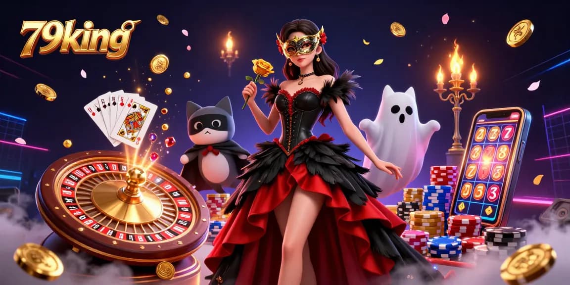 Win big at 79king with our vibrant casino scene featuring 3D characters amidst coins, jewels, and a roulette wheel.