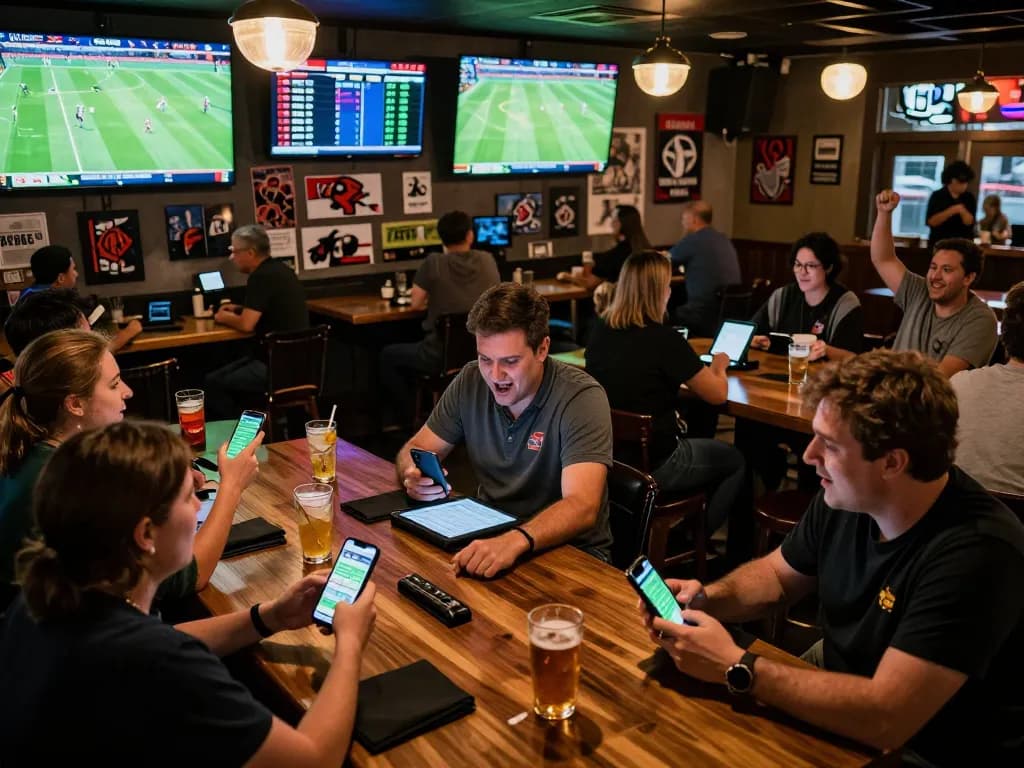 Tỷ lệ kèo nhà cái hôm nay showcased in a vibrant sports bar atmosphere with bettors engaged and screens displaying live matches