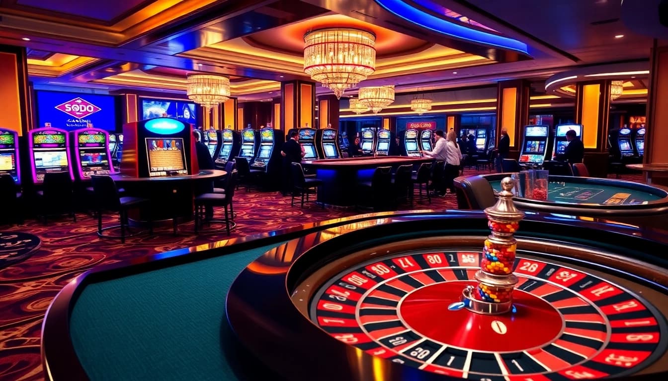 SODO CASINO vibrant atmosphere with roulette, poker tables, and luxurious slot machines.