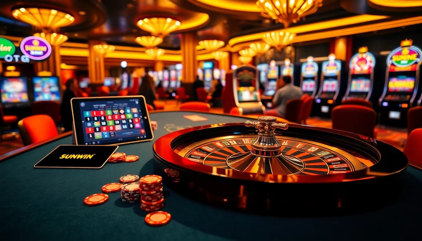 Experience the excitement of sunwin with vibrant poker tables, chips, and an elegant casino background.