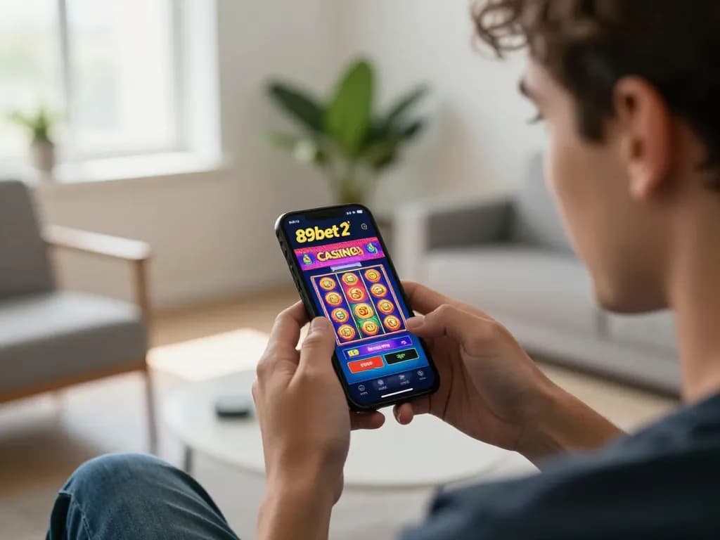 Play exciting games on the 89bet2 app with a colorful slot machine display and engaged user.