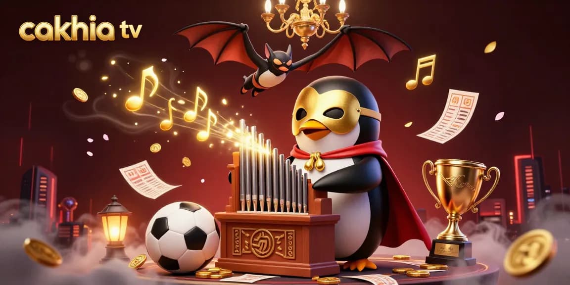 Cakhia TV showcases dynamic sports betting with an illustrated penguin and bat as they deliver a thrilling gaming experience.