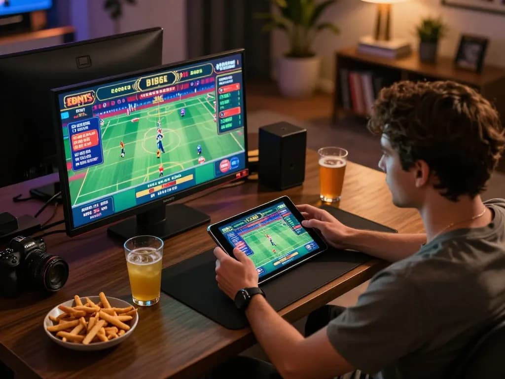 Player engaging in sports betting at home with tg887, using tablet in a vibrant, modern setup