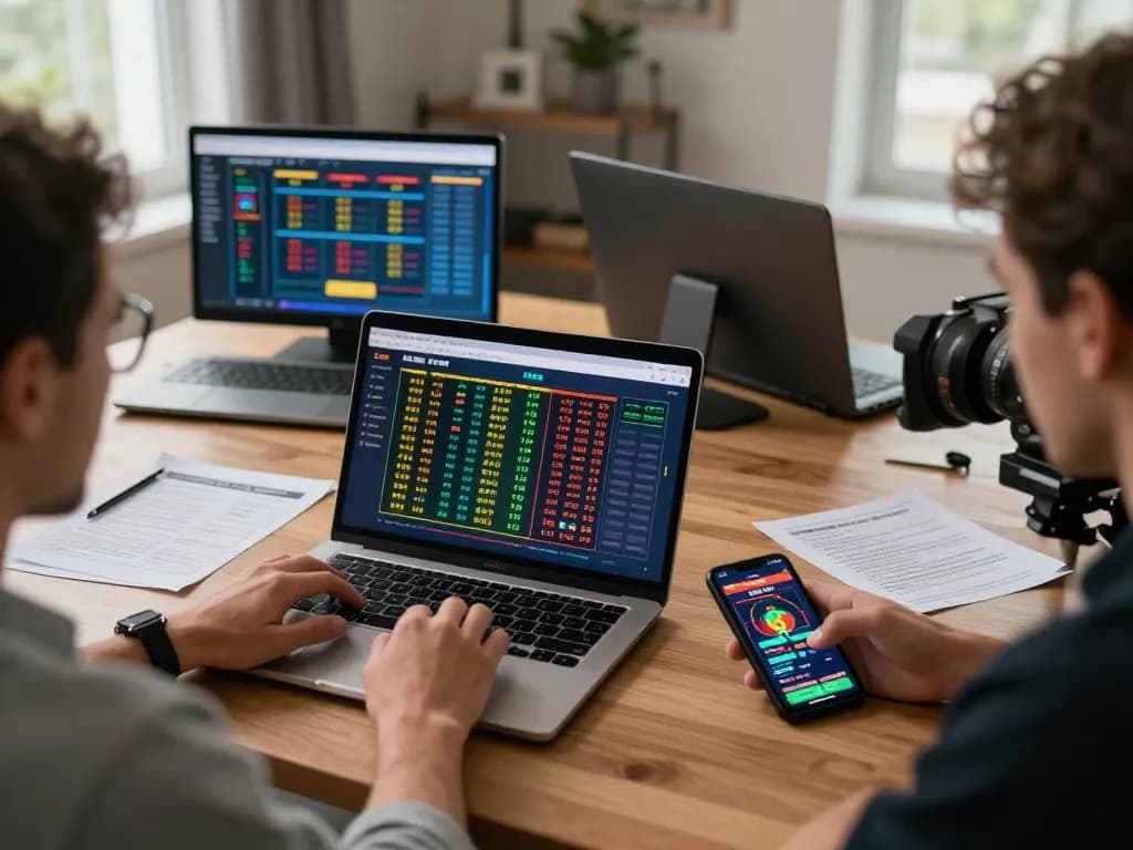 Engaging in sports betting strategy at https://go8.agency/ with a laptop and smartphone in a cozy workspace.