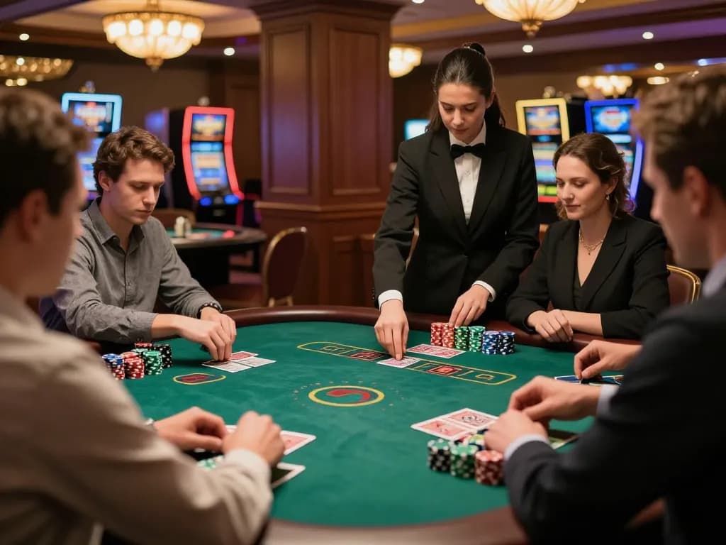 Players at a blackjack table enjoy MM88, displaying focused strategies with colorful chips.