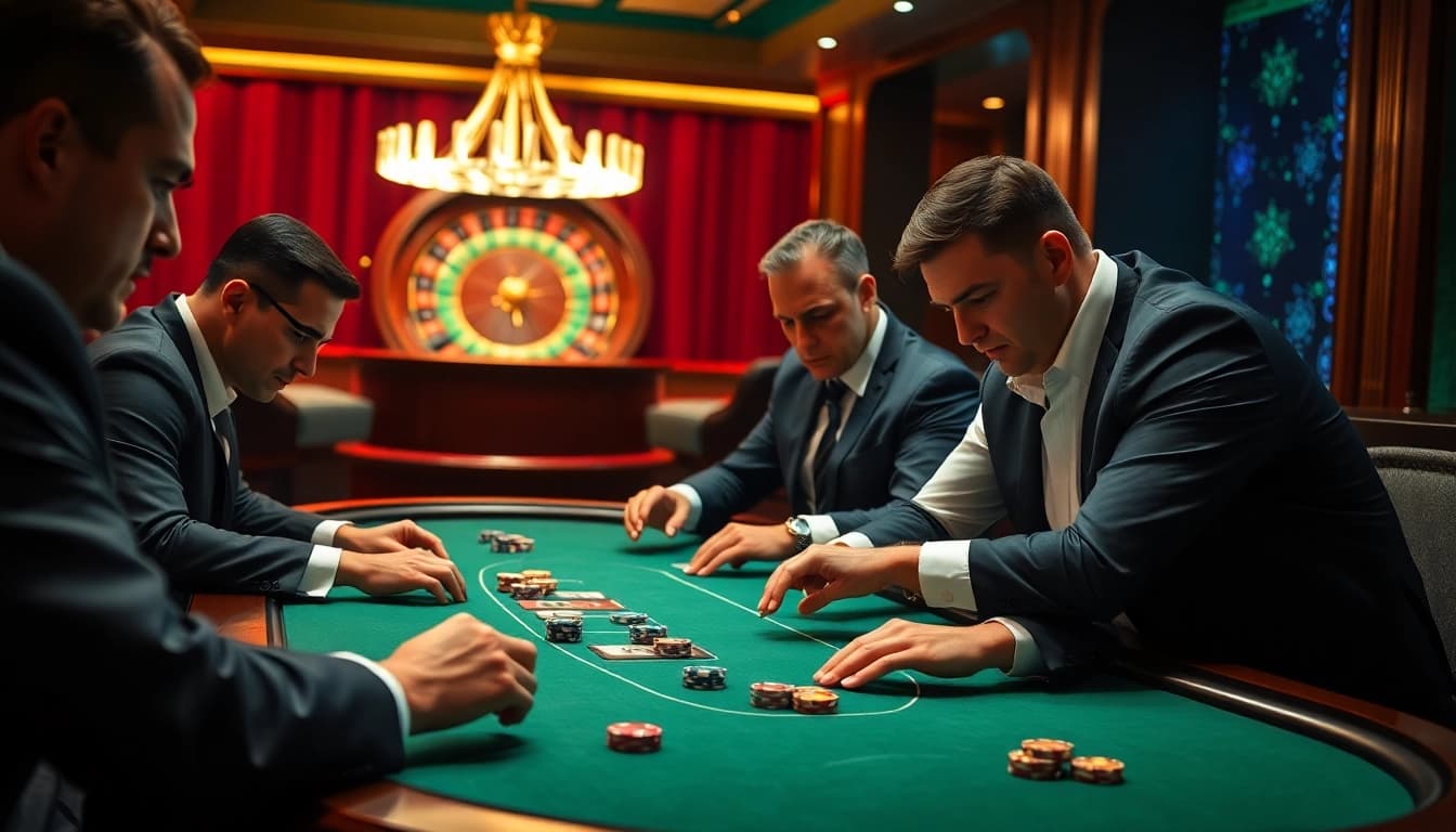 Intense poker action at nhà cái open88 casino, featuring professional players and vibrant chips.