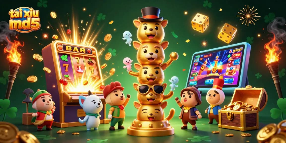 Engage with the exciting world of tài xỉu md5 featuring a vibrant casino illustration of stacked animal totems and dynamic gaming elements.