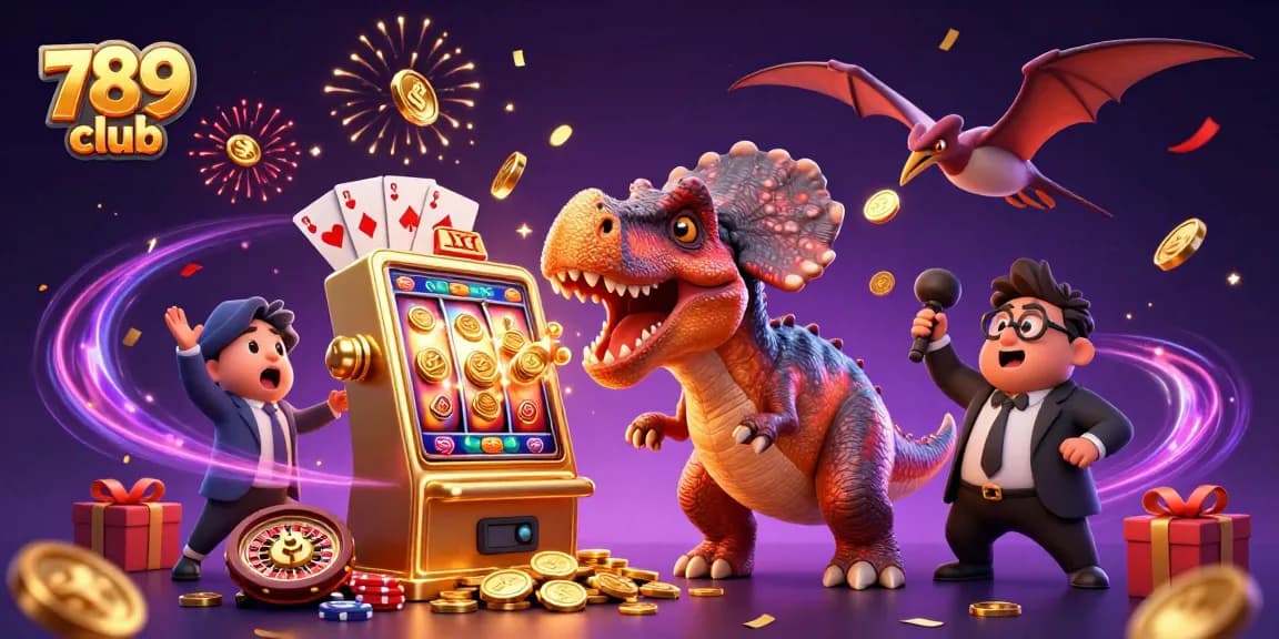 Experience the thrill of winning big at 789 club with a lively casino scene featuring cartoon dinosaurs and a jackpot.