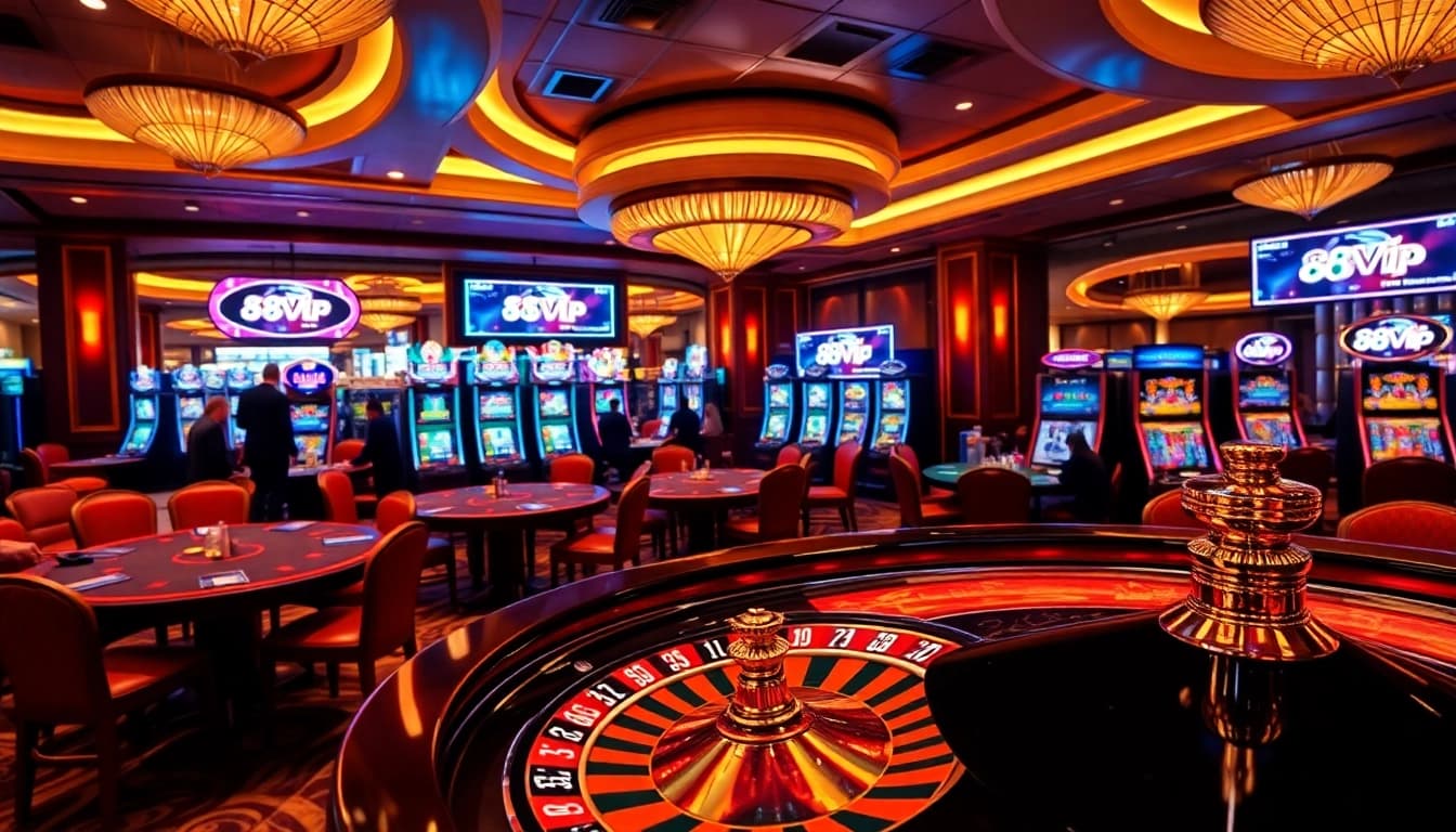Experience the excitement of playing at 68VIP casino with vibrant slot machines and roulette tables.