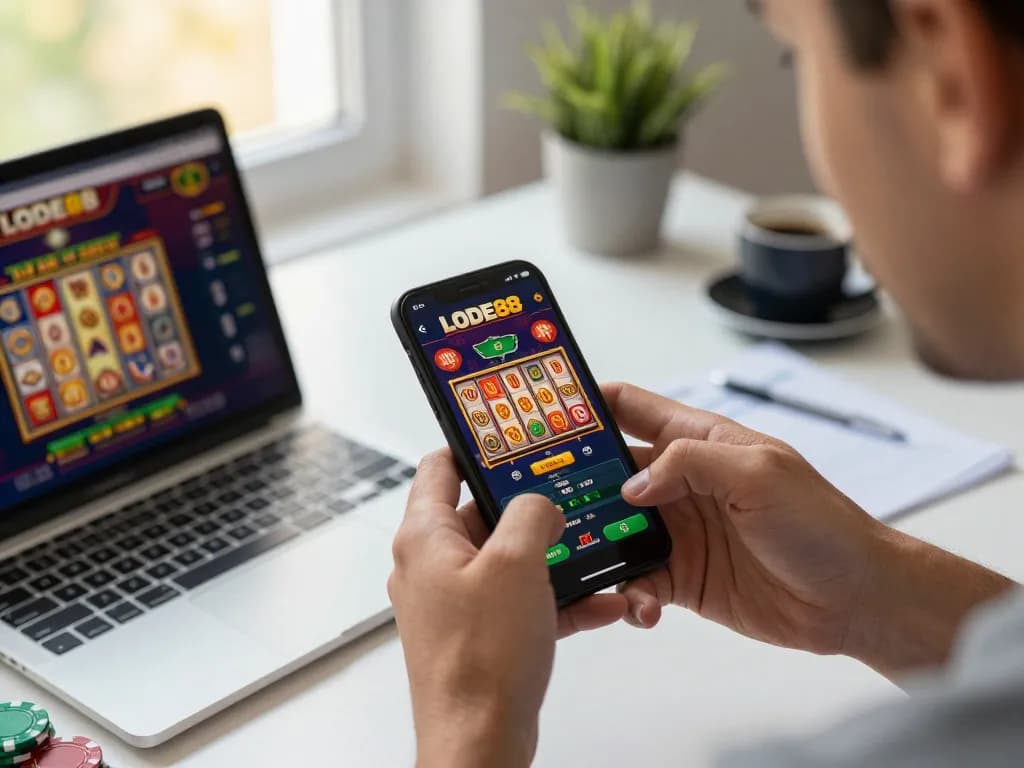 Explore LODE88 casino app gameplay on mobile device in modern cozy setting with strategic elements