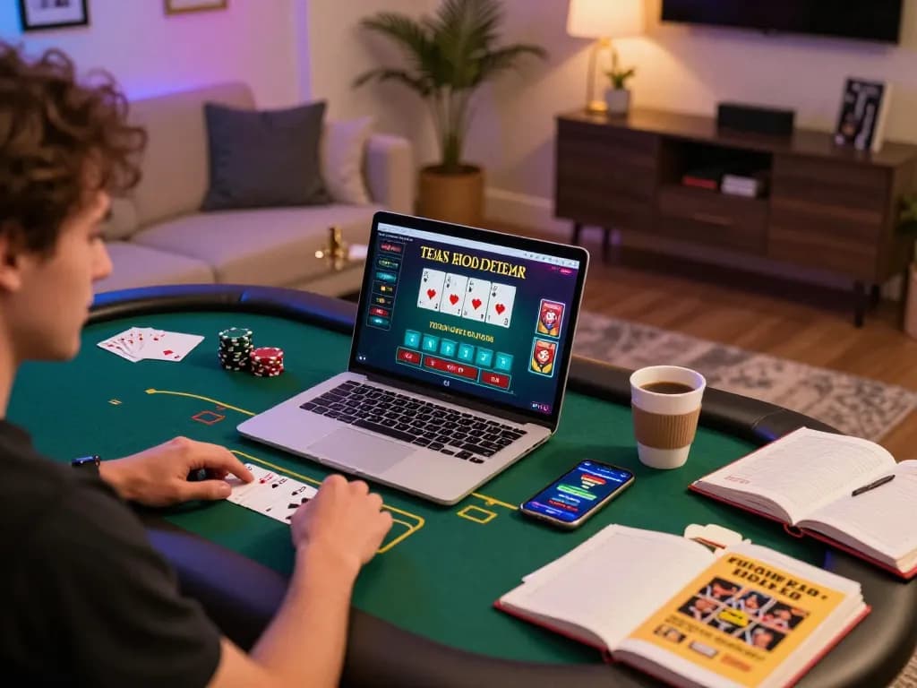 Playing poker online at 23win with laptop and strategy notes in a cozy home setting