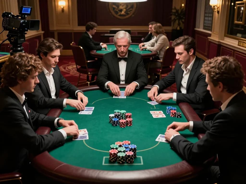 DU88 poker players strategizing in an upscale casino environment during an intense game.