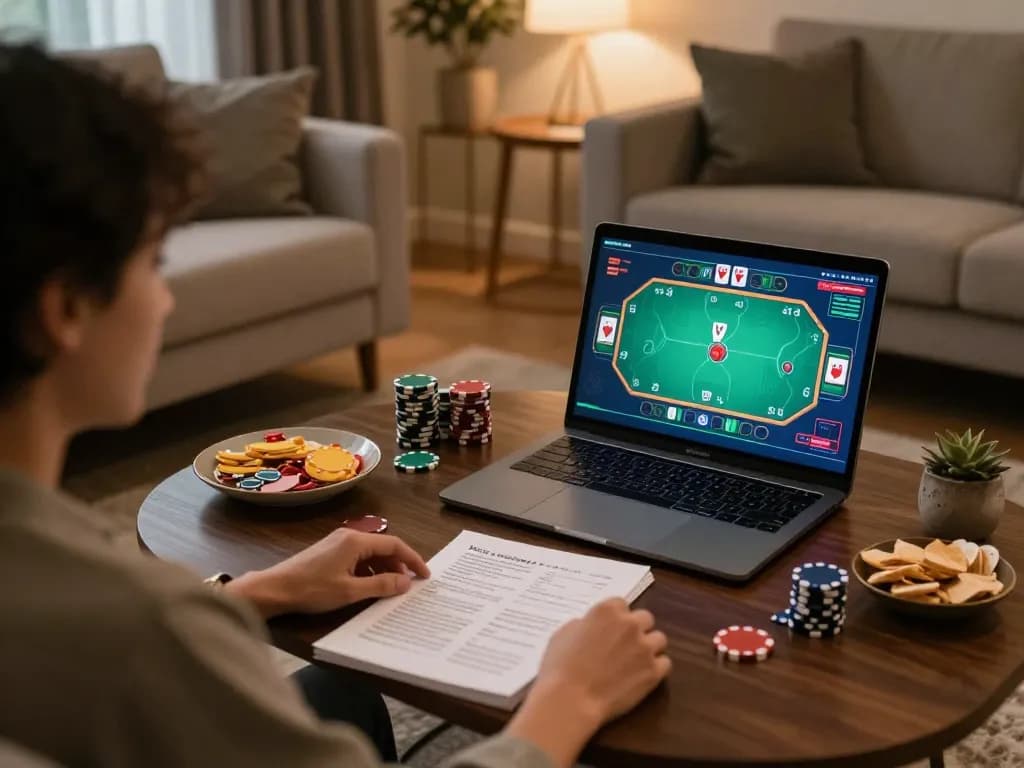 Engaged player on trang chủ rr88 using laptop for poker strategy at home, showcasing relaxed gaming atmosphere.