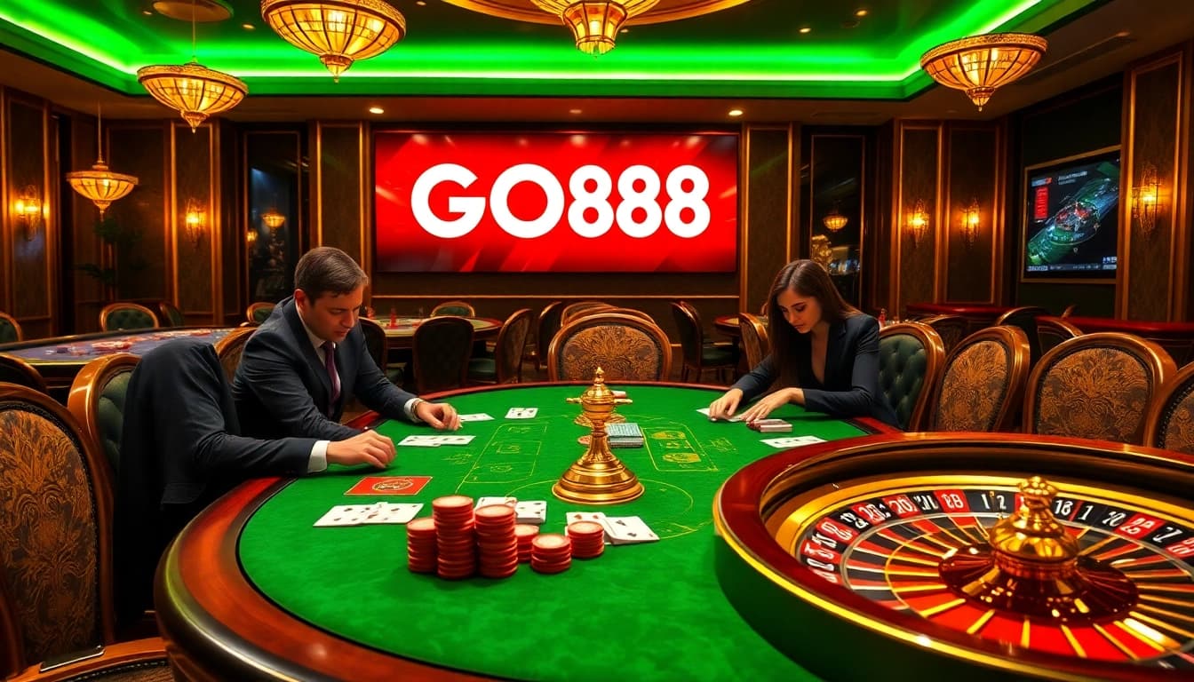 A thrilling poker scene at Nhà Cái GO88 featuring luxurious gaming elements and vibrant atmosphere.