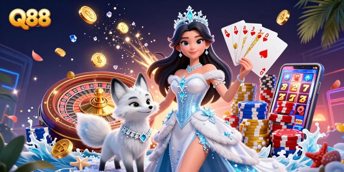 Experience Q88 with a stunning promotional scene featuring dazzling casino elements.