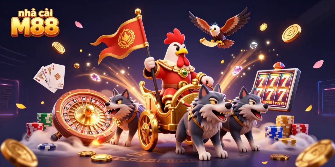 Bet and win at nhà cái M88, featuring exciting games and dynamic illustrations of victory and fun.