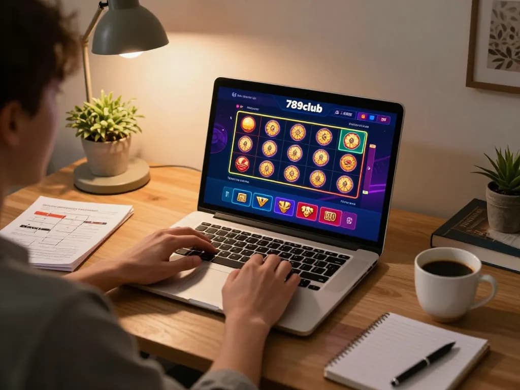 Engaged player enjoying 789club online gaming, showcasing vibrant casino interface and cozy home atmosphere.