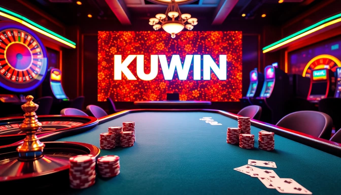 Experience intense gambling action at KUWIN with vibrant casino tables and slot machines.