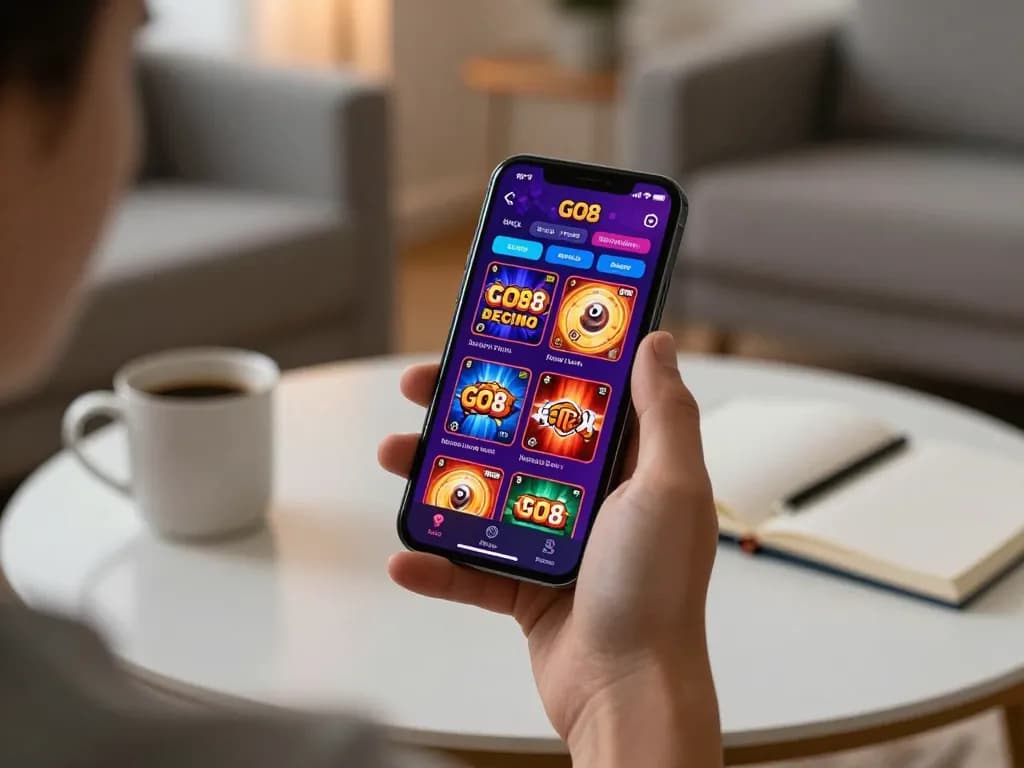 Engaged user exploring the GO8 casino app on a smartphone, showcasing mobile gaming options.