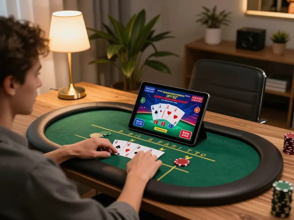 Kuwin1 user engaging with a live poker game on a tablet in a cozy home setting.