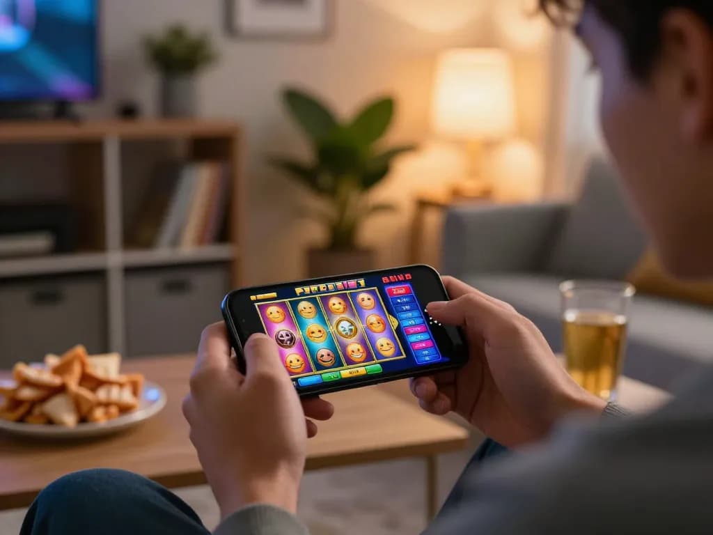 MAX88 player strategically spinning reels on mobile slot machine in a cozy home setting
