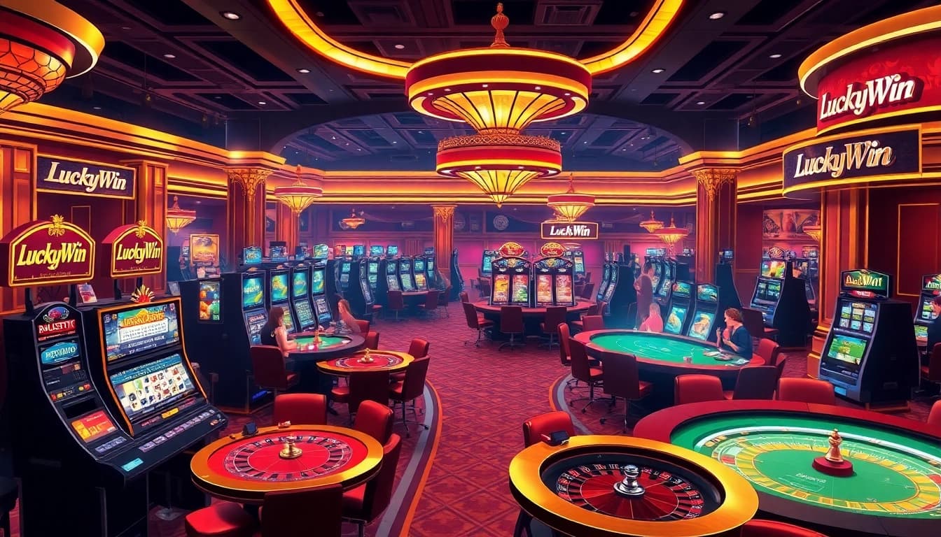 LuckyWin casino atmosphere with players engaged at slot machines and poker tables.