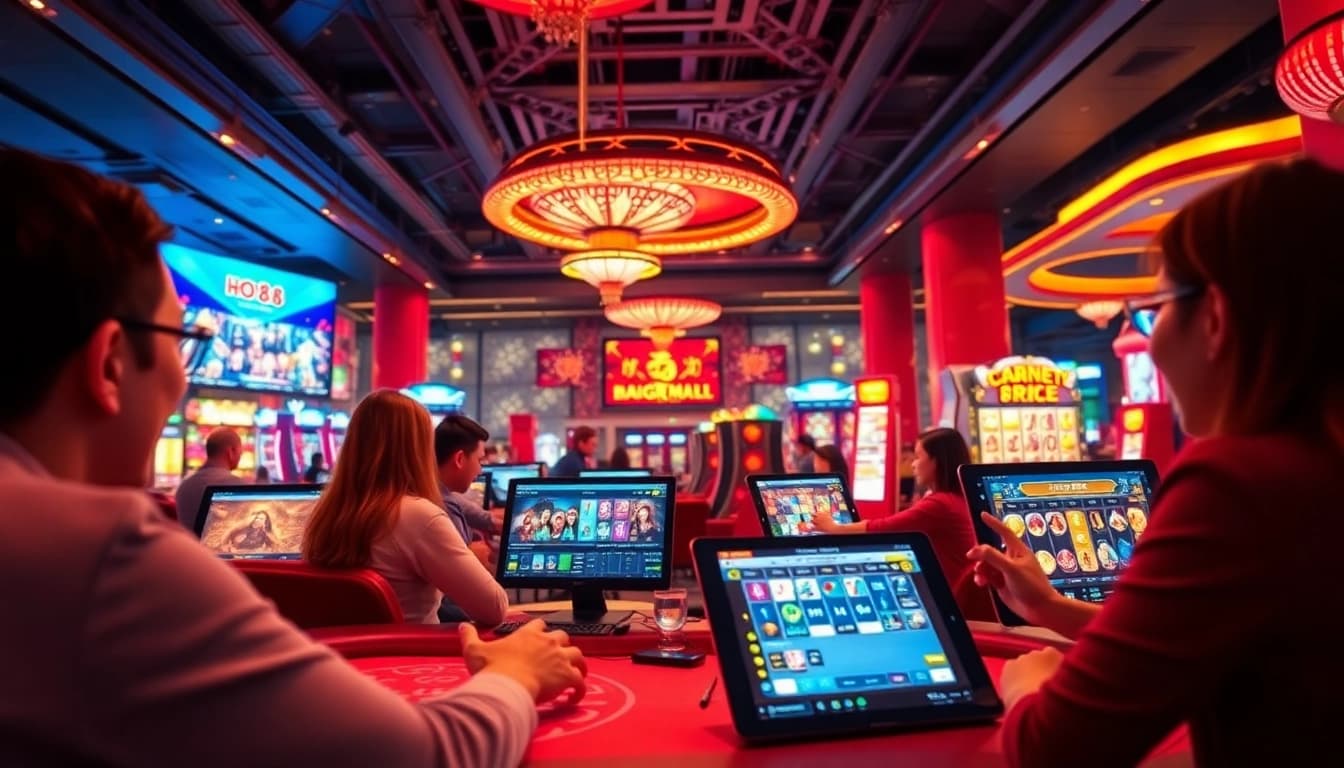 Ho88 casino gaming scene showcasing players engaged in vibrant online gambling activities, under soft ambient lighting.