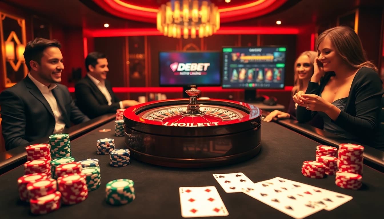 Thrilling gaming action at Nhà Cái DEBET with roulette, poker chips and online betting interface.