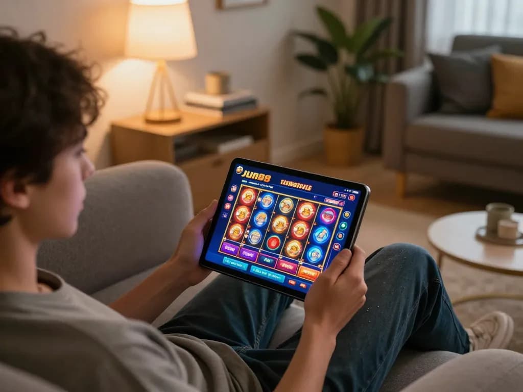 Player enjoying online casino games at nhà cái jun88 on tablet in a cozy home setting