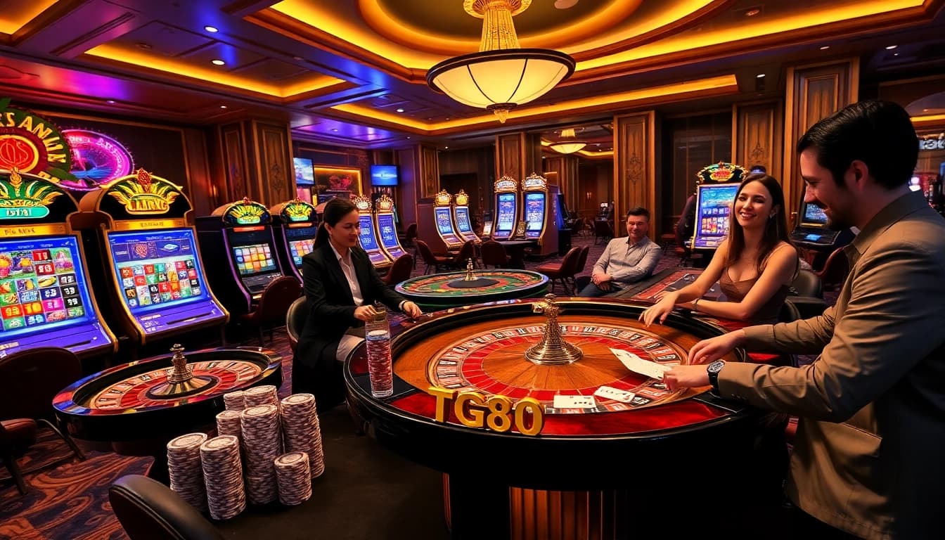 Players enjoying the TG88 gaming experience at a luxurious casino table with poker chips.