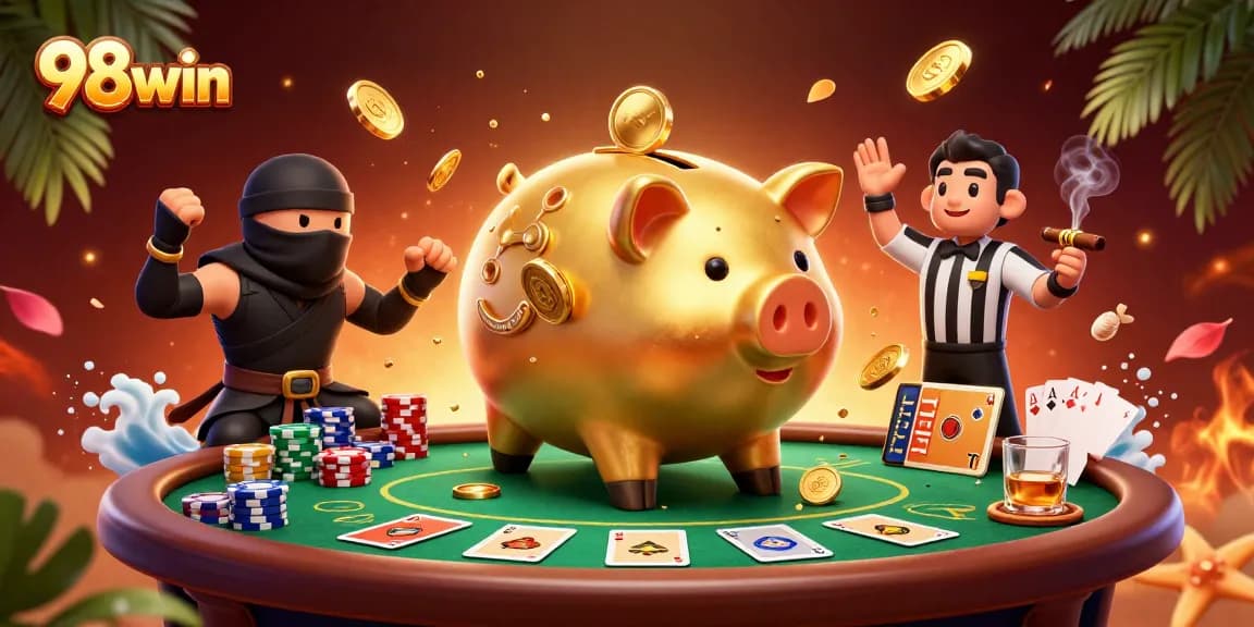 Experience fun at 98win with a dynamic scene featuring a golden piggy bank sumo wrestler, poker elements, and a vibrant casino atmosphere.