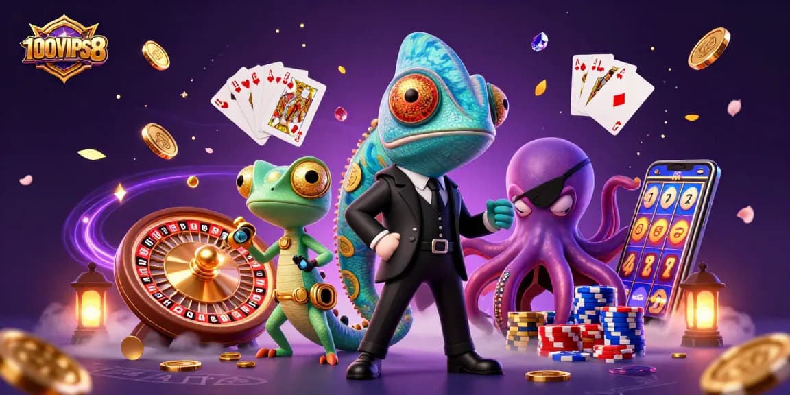 Engage with 100VIPS8 in this vibrant casino scene featuring dynamic characters and exciting gameplay elements.